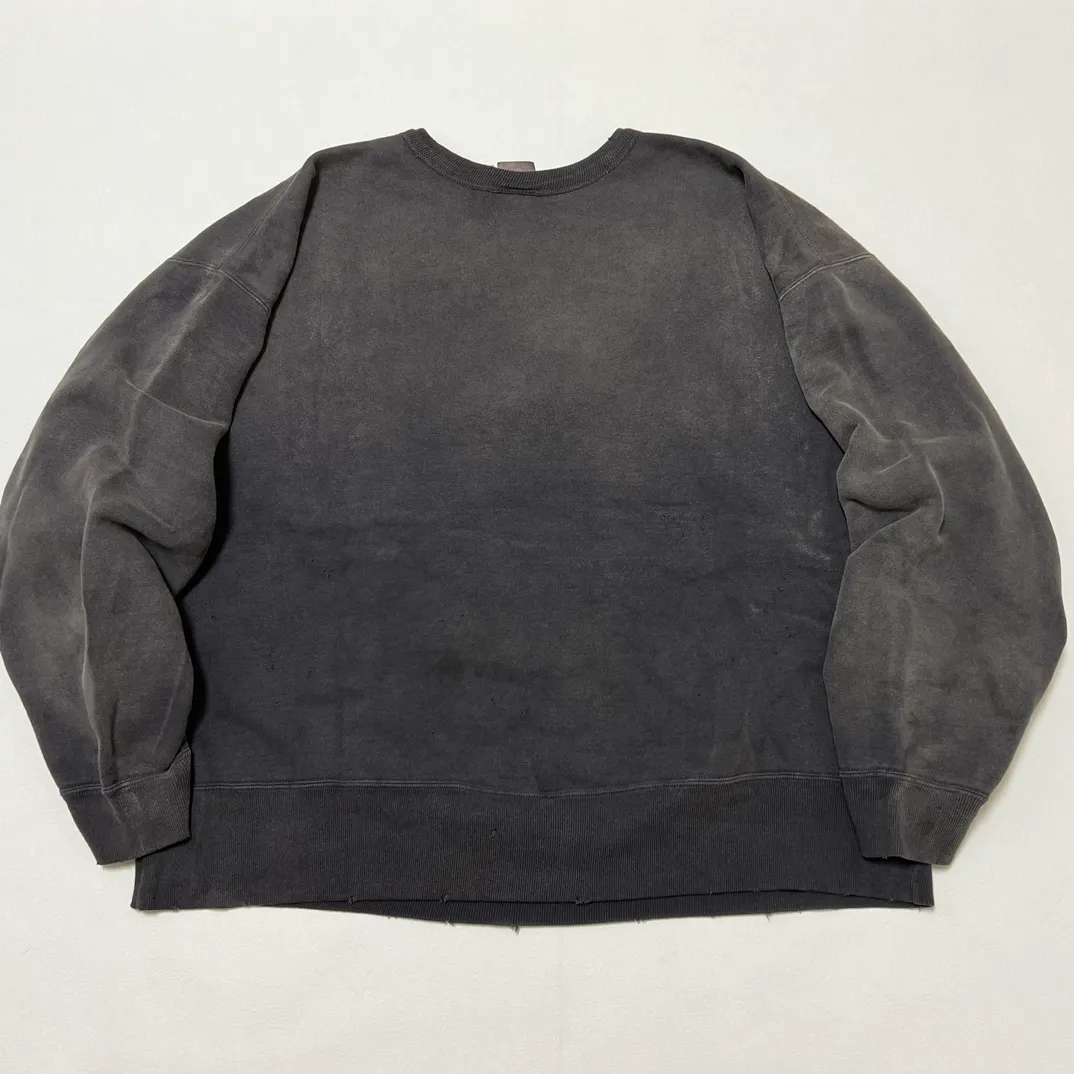 SAINT M×××××× BONE SAINT CREW SWT/BLK Bone SAINT destruction sweatshirt, washed black S-XL Assute dyeing, genuine whole garment sprayed with horse-hair fading process, collar/cuffs frayed in many places, front and rear panels/sleeves super complex fraying, heavy washing and water distressing, correct fruit mark/angel mark